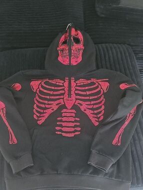 Black Halloween Skull & Ribcage Hoodie with Red Graphic